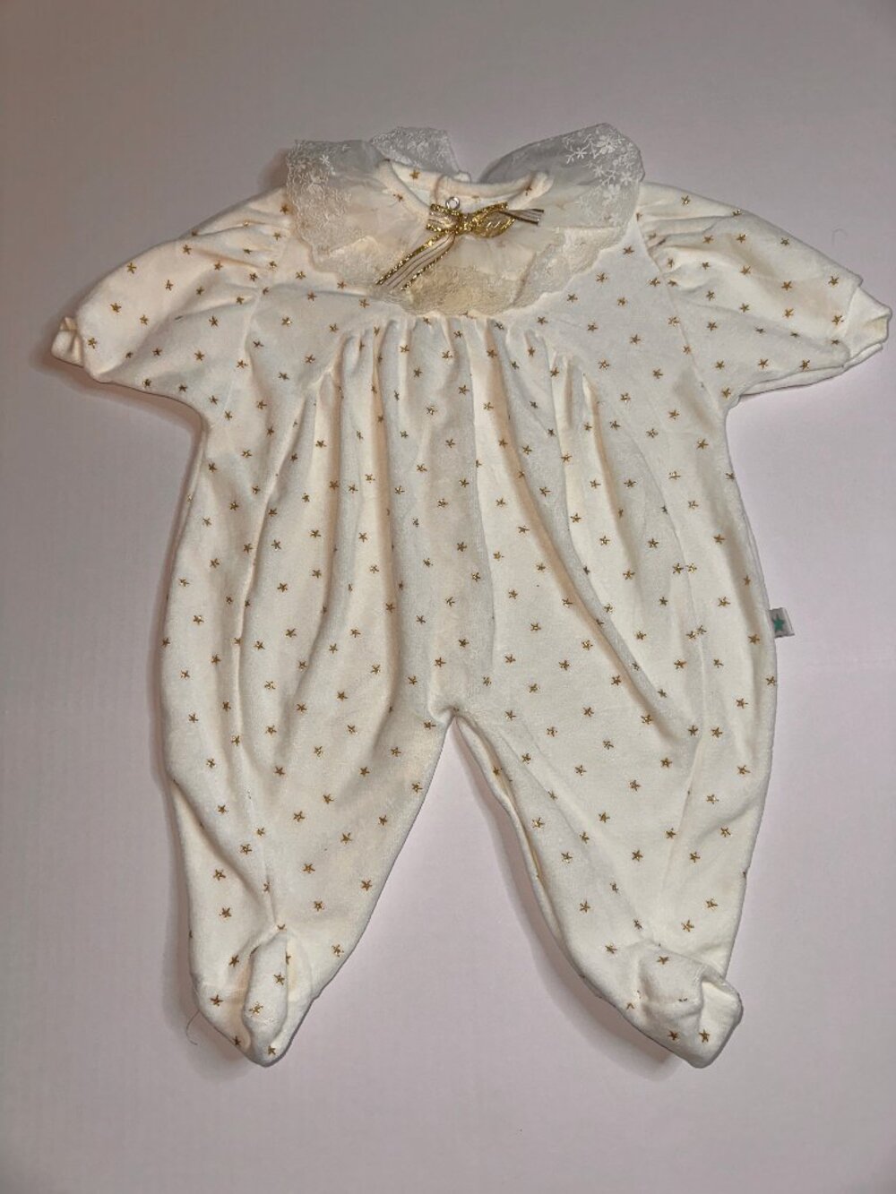 VTG Little Me Baby Girl Ivory Velour Romper 3M Gold Star Coquette Lace #695